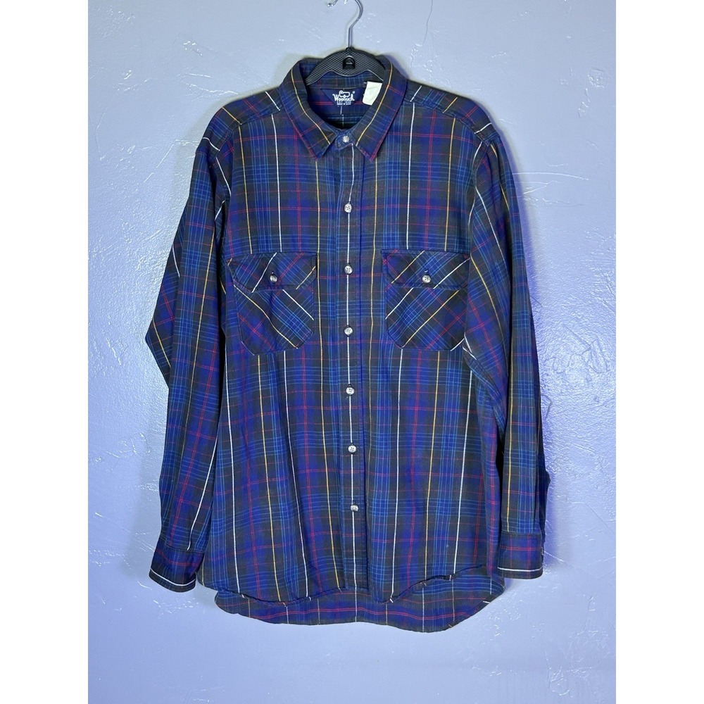 VTG 70s Woolrich Plaid Flannel Shirt Men's XL Made In USA Red White Blue Checker